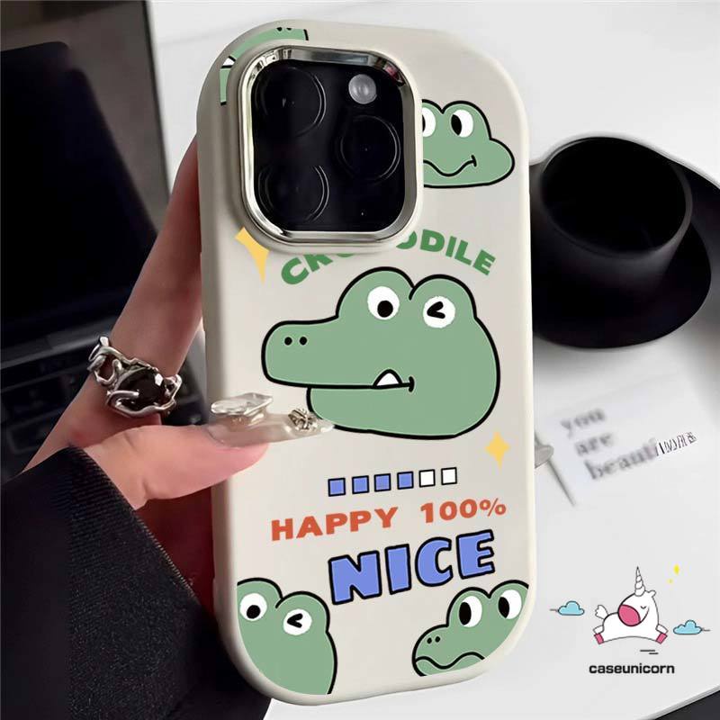 Cartoon Happy Cute Little Crocodile Art Cream Love Heart Case Compatible for IPhone 7Plus 14 15 11 13 12 Pro Max XR X XS Max 7 8 Plus Luxury Electroplate Plating Metal Lens Cover