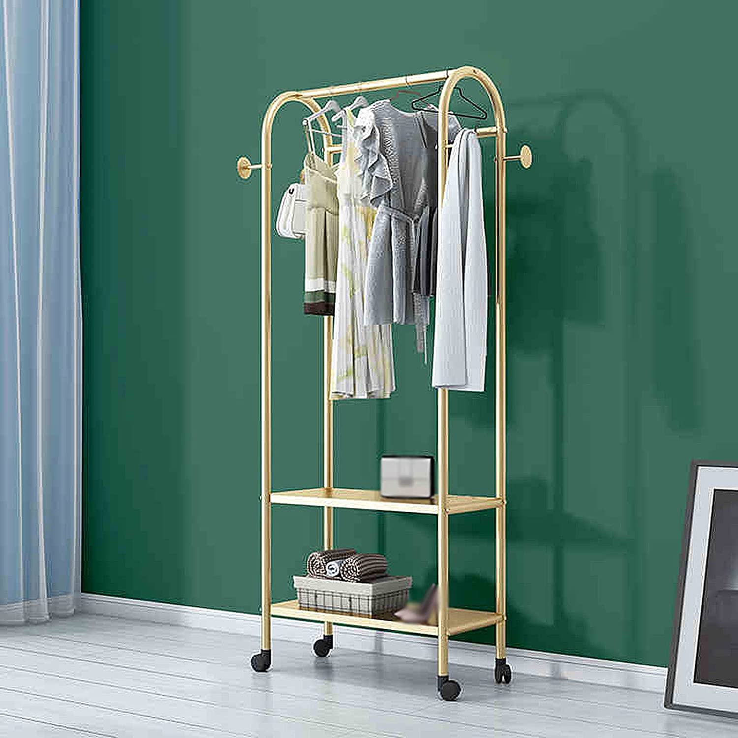 Aleeart  Clothing Rack Nordic Style Coat Rack with Wheels and 2-Tier Shelf Garment Racks Portable Clothing Rail Bedroom Rolling Hanger Clothes Retail Display Stand