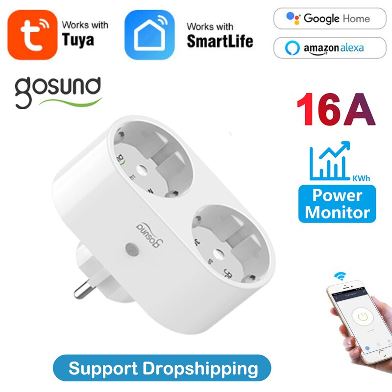 Tuya Gosund EU WiFi Smart Plug Power Monitor Function Dual Euro Smart Socket Work With Smart Life/Tuya App Google Home Alexa. 