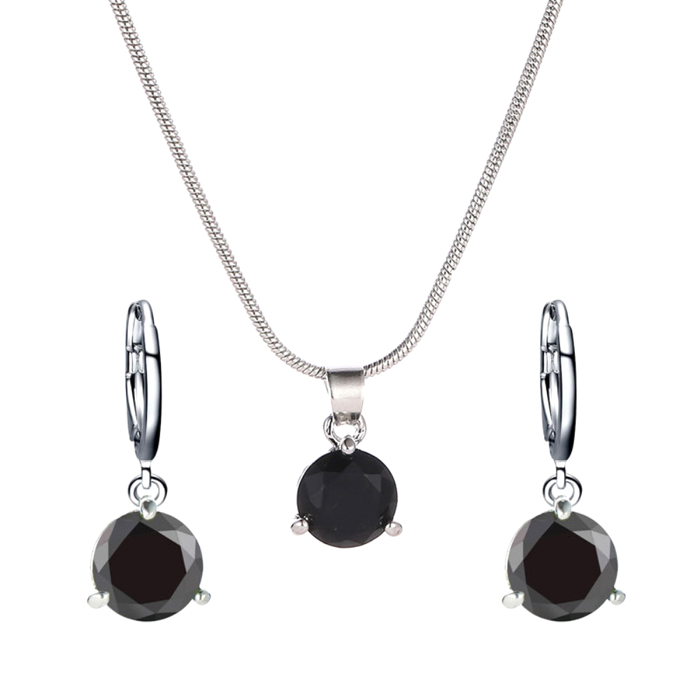 Women Round Cubic Zirconia Pendant Chain Necklace Hoop Earrings Jewelry Set