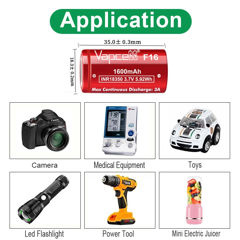 Original Vapcell F16 INR 18350 Battery 1600mAh 3A 3.7V Highest Capacity 18350 Lithium Ion Battery Flat Top For Flashlight Camera. 