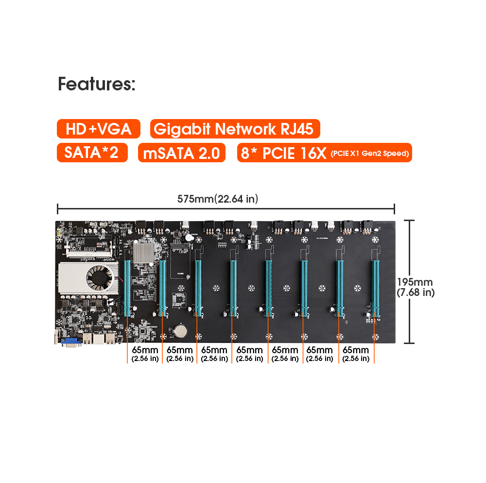 HXSJ BTC-S37 Motherboard with Onboard Intel Celeron 847 CPU 8 PCI-E 16X Slots Gigabit Network VGA+HD Ports Support 8 Graphics Cards. 