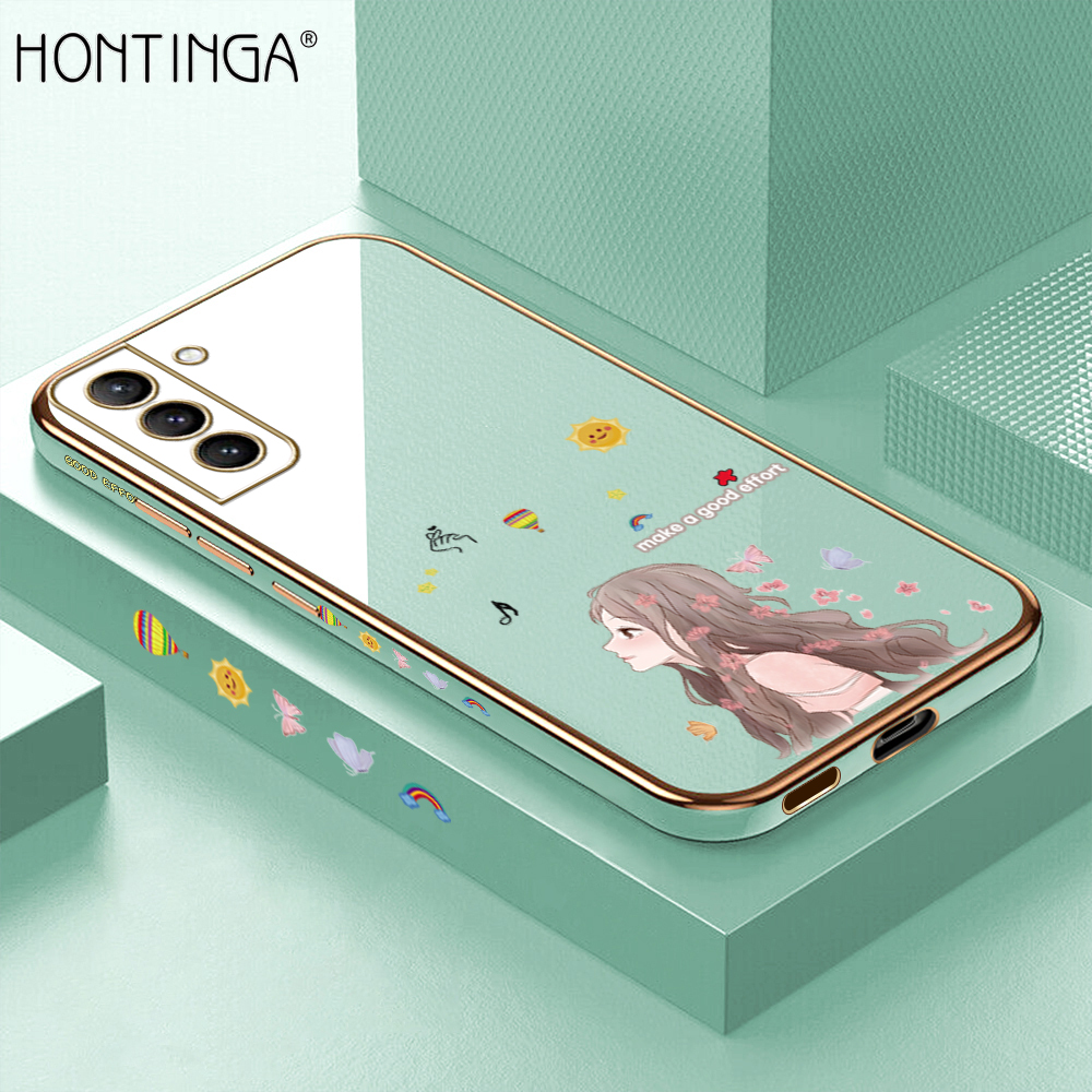Hontinga for Samsung Galaxy S21 Plus 5G Back Cover + Free Lanyard Luxury 6D Plating Sunshine Girl Side Pattern Case Soft Silicone Square Phone Cases