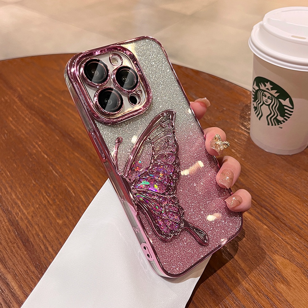 Gradient Glitter Butterfly Phone Case for IPhone 12 13 14 15 Pro Max Soft TPU Case with Camera Protector Shockproof Cover. 