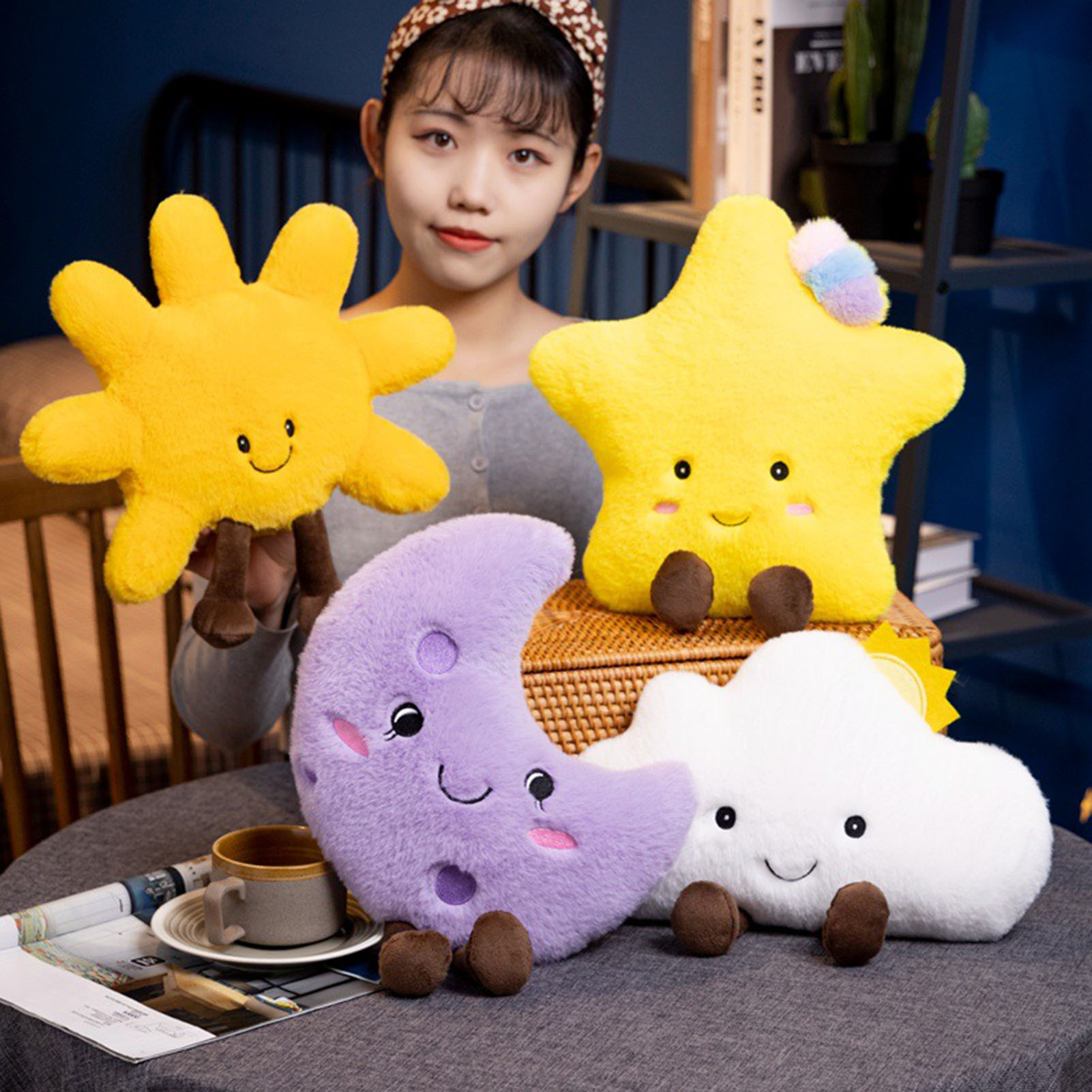 Moon Sun Plush Toys Comfy Cartoon Plush Seat Cushion for Office Chair Car Seat Sofa Cute Sun Moon Star Design Protective ocks Cushion Soft Bk low for Home Decoration Ideal for Soutast. 