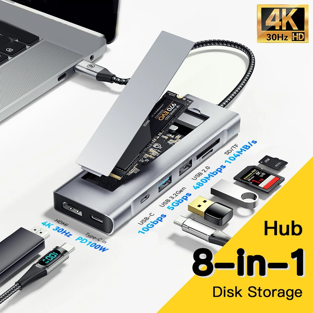 8-in-1 USB Hub With Disk Storage Function SSD M.2 SATA NVME USB Type C to HDMI-Compatible Docking Station For Macbook Air M1 M2
