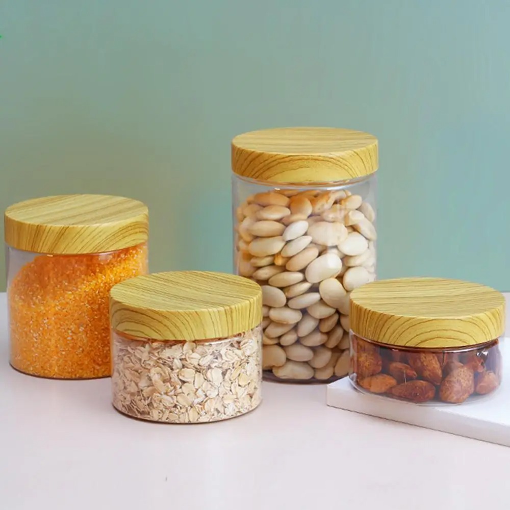 with Wood Texture Lid Clear Storage Jars Food Storage Container Wide-mouthed Moisture Proof Sealed Can Empty Transparent Seasoning Bottle Pet Food. 