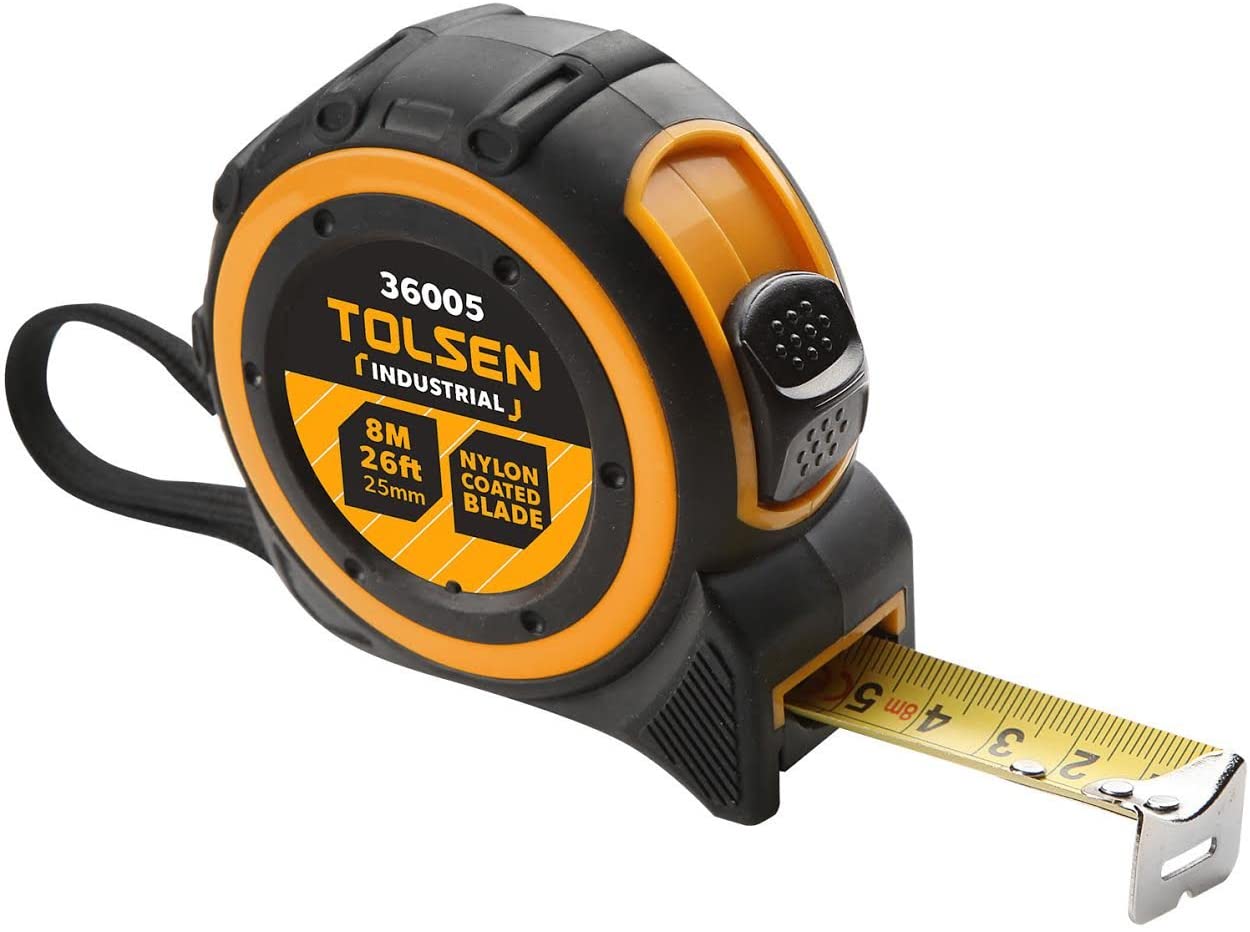 TOLSEN Measuring Tape 8M 26FT with Nylon Coated Blade Industrial TPR Handle 36005. 
