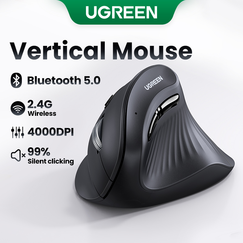 Ugreen MU008 Multi-mode Vertical Mouse - Black/White - UGREEN Vertical Ergonomic Mouse -  Wireless Dual Connectivity with Bluetooth and 2.4G - 4 Levels Adjustable DPI - Wide Compatibility and Flexibility. 