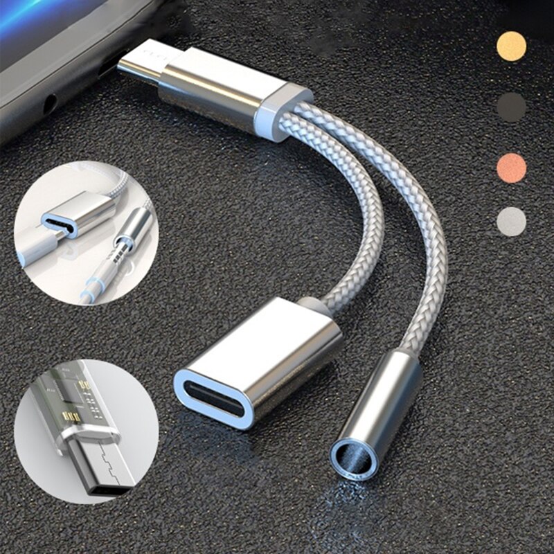 2 In 1 Type C To 3.5mm Headphone Jack Adapter USB C Aux Audio Data Cable Charging Cable For Samsung Xiaomi 11t Pro. 