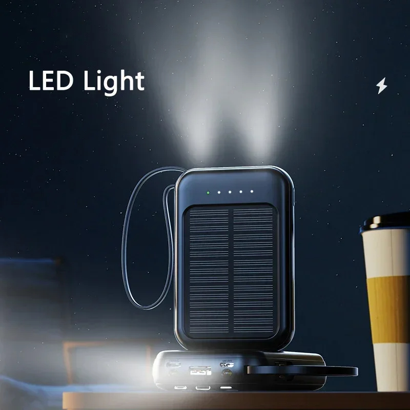 50000mAh Solar Move Power Bank with Built-in 4-cables With Lanyard Portable Mini Super Fast Charging Suitable For iPhone Samsung. 