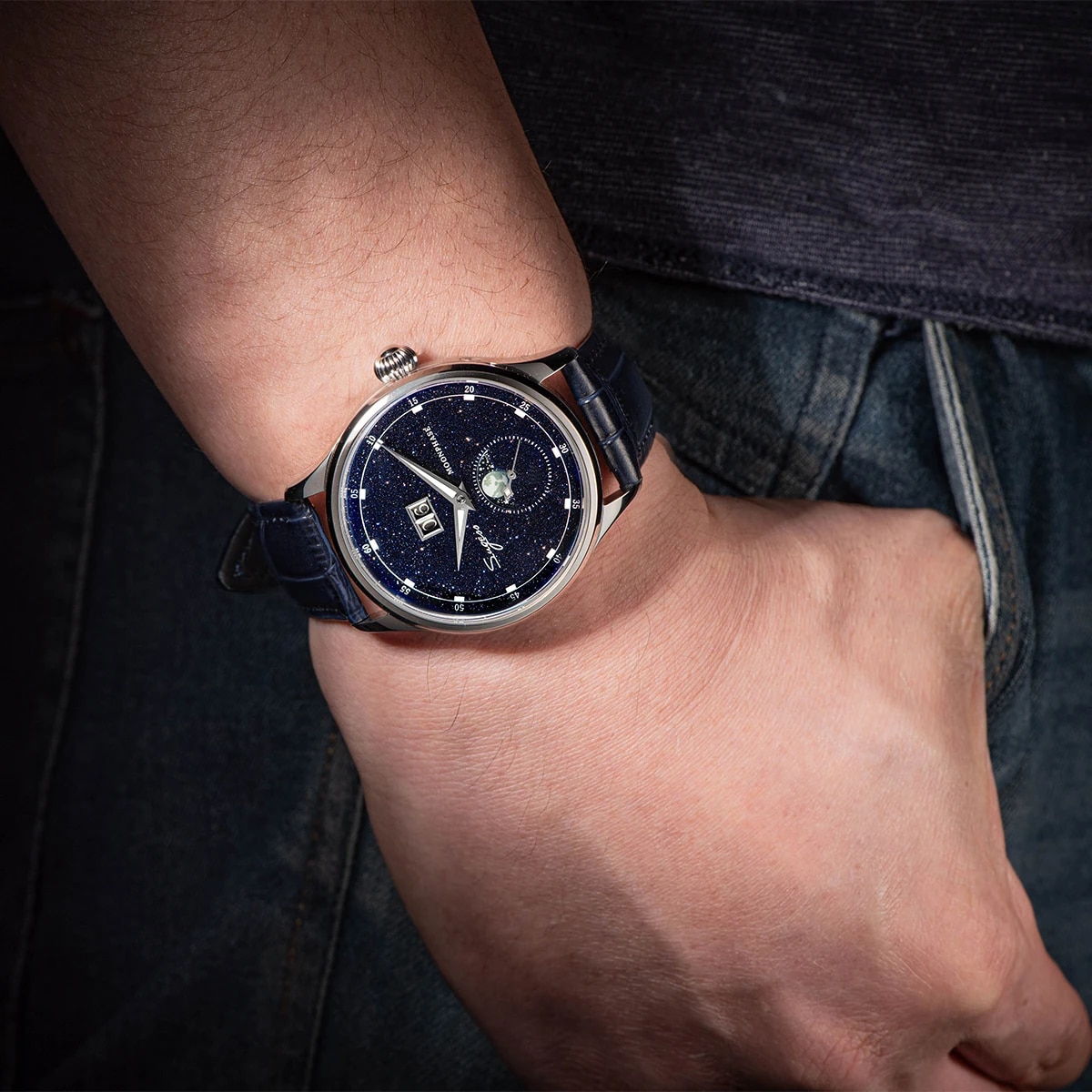 Sugess Moonphase Watch of Men 40mm Automatic Mechanical Wristwatches Seagul ST2528 Movement Stainless Steel Blue Sandstone Dial. 