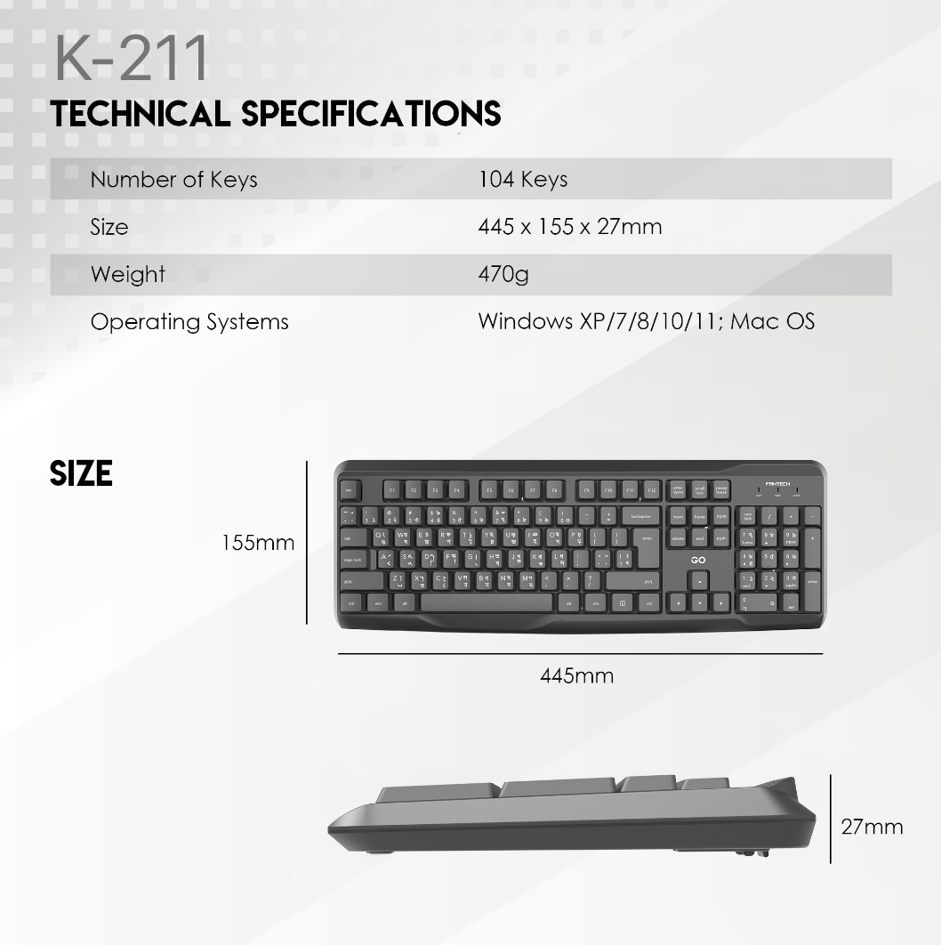 FANTECH GO K211 Smooth Typing Keyboard 104 Keys Spill Resistant Keyboard English And Bangla USB Wired Easy To Read Keys Computer Keyboard Ergonomics Keyboard For Office PC. 