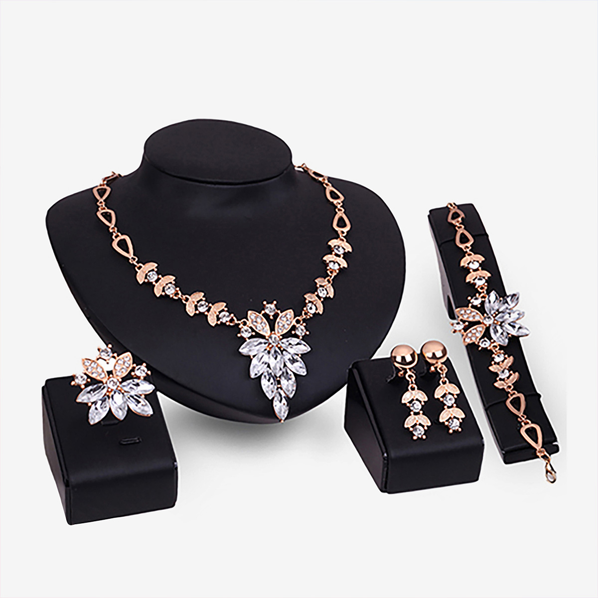 4Pcs Jewelry Set Flower Design Birthday Gift Durable Necklace Earrings Bracelet Ring Jewelry Set for Wedding