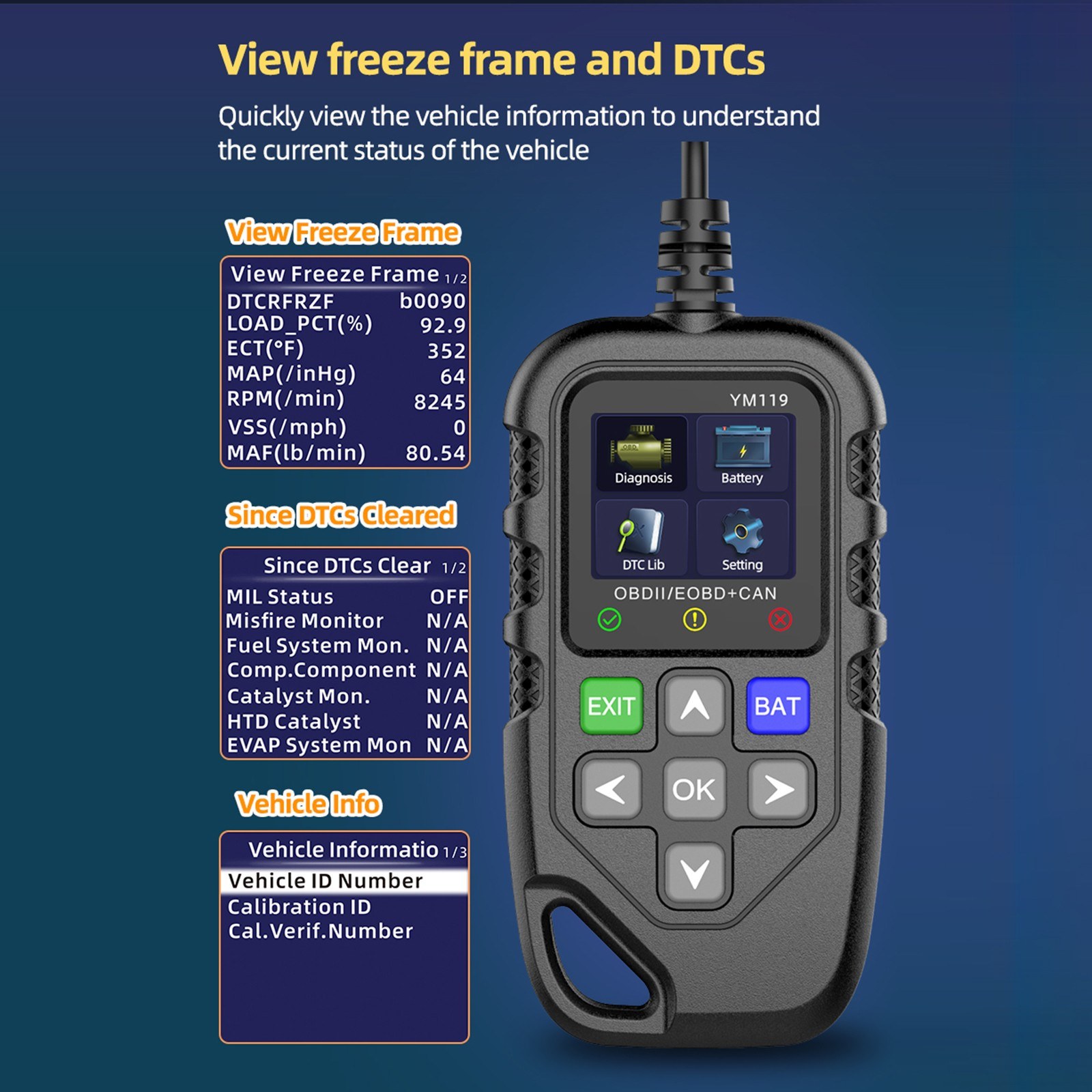 OBD II Scanner, Car Engine Fault Code Reader Battery Tester CAN Diagnostic Scan Tool for 12V Gasoline Vehicles. 