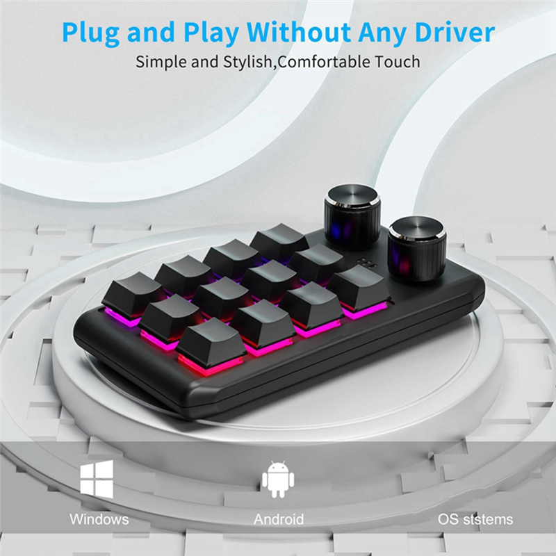 Custom Keyboard Volume Button Knob Programming Macro Gaming Black, 12 Keys 2 Knob Bluetooth. 