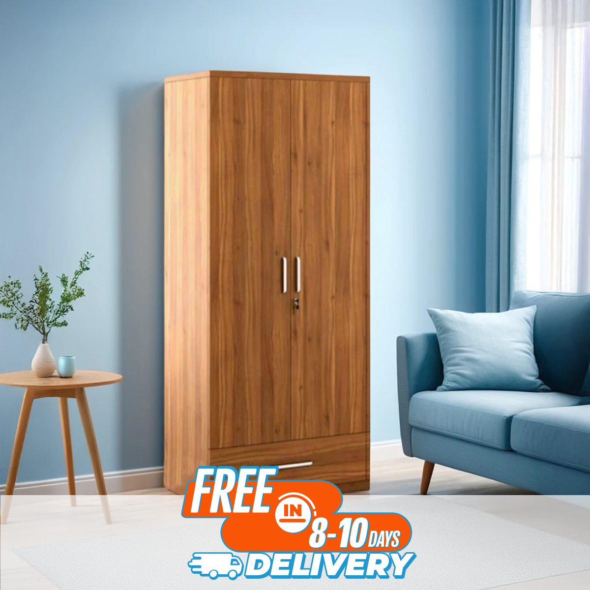 Teak Ultima 2 Door Almirah, Partex MDF Laminated Board Secure 2 part big size Almirah with clothes storage Hanger and cube box shelve, 1 large drawer and 1 inner lock cabinet, Nice shop 2 Doors Almirah 72/30