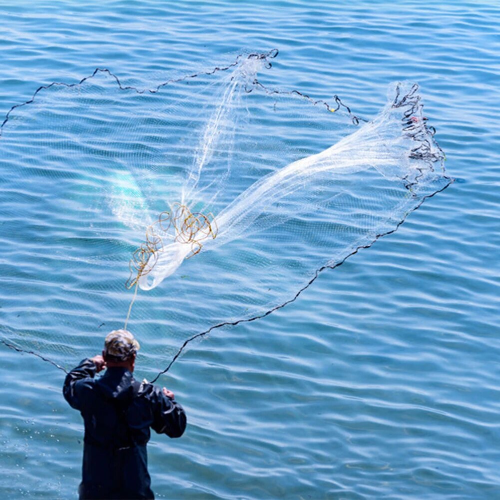 Upgraded American Hand Cast Net Easy Throw Fly Fishing Net 8/15/20/30m Long 0.7/1m High Small Mesh Strong Nylon Line Fishing Too