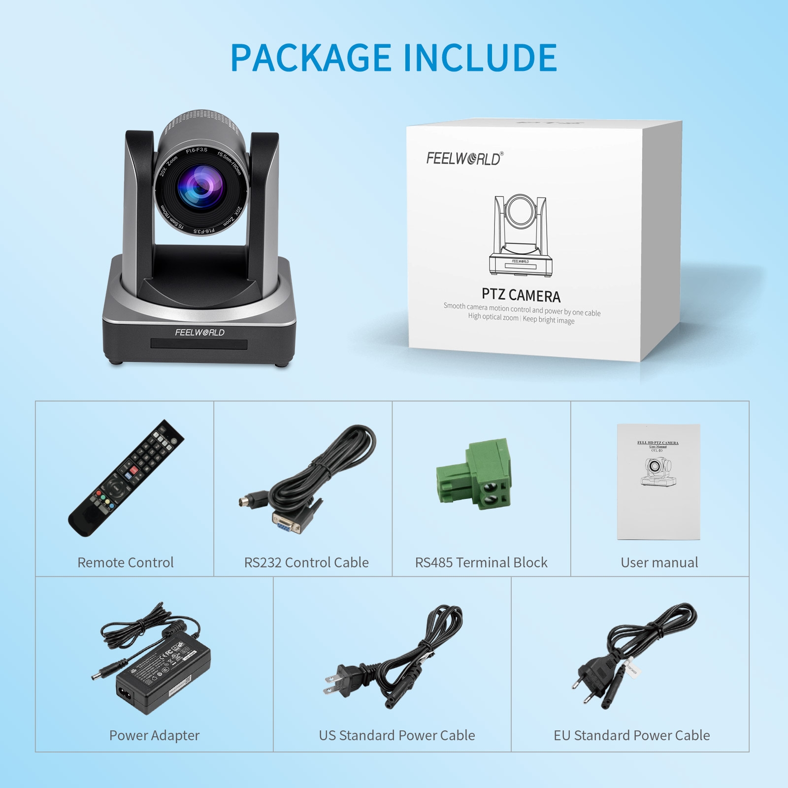 FEELWORLD POE20X Simultaneous 20X Optical Zoom Live Streaming PTZ Camera, EU and US Plug. 