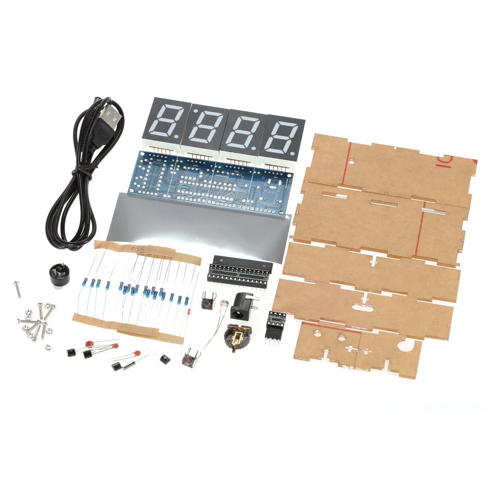 Compact 4-digit DIY Digital LED Clock Kit Light Control Temperature Date Time Display with Transparent Case. 