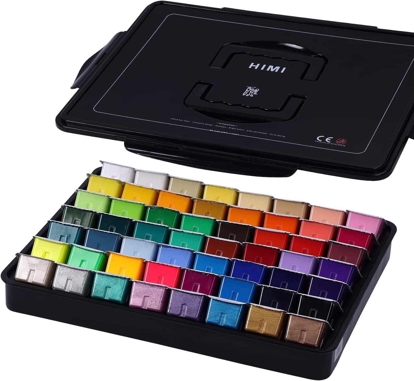 HIMI Gouache Paint Set, 56 Colors x 30ml Include 8 Metallic and 6 Neon Colors, Unique Jelly Cup Design in a Carrying Case Perfect for Artists, Students, Gouache Opaque Watercolor Painting