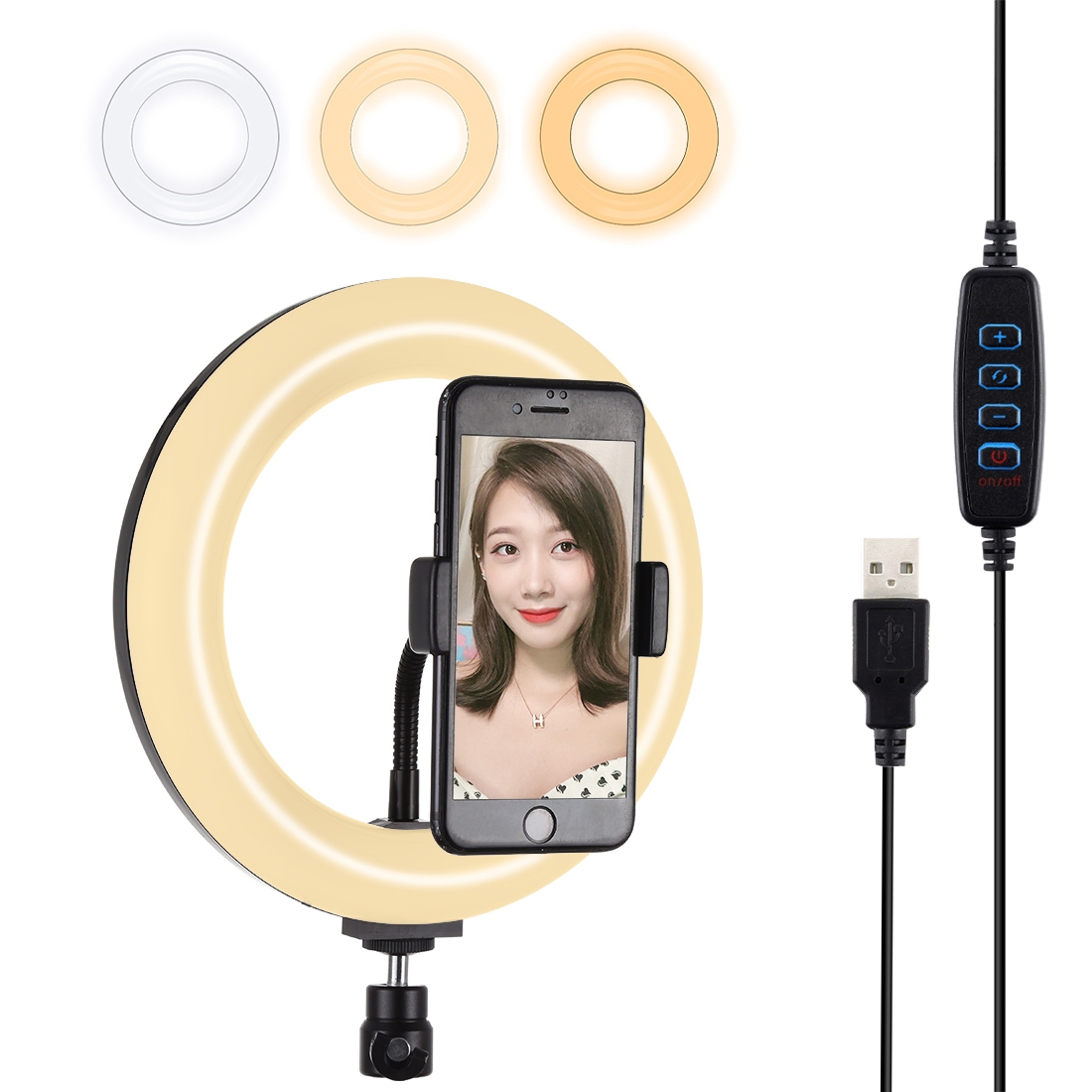 PULUZ 7.9 inch 20cm USB 3 Modes Dimmable Dual Color Temperature LED Curved Light Ring Vlogging Selfie Photography Video Lights with Phone Clamp