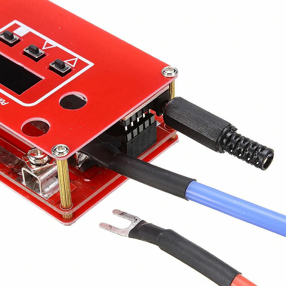 Portable DIY micro spot welding machine with LCD display for automatic welding of 12V automotive batteries. 