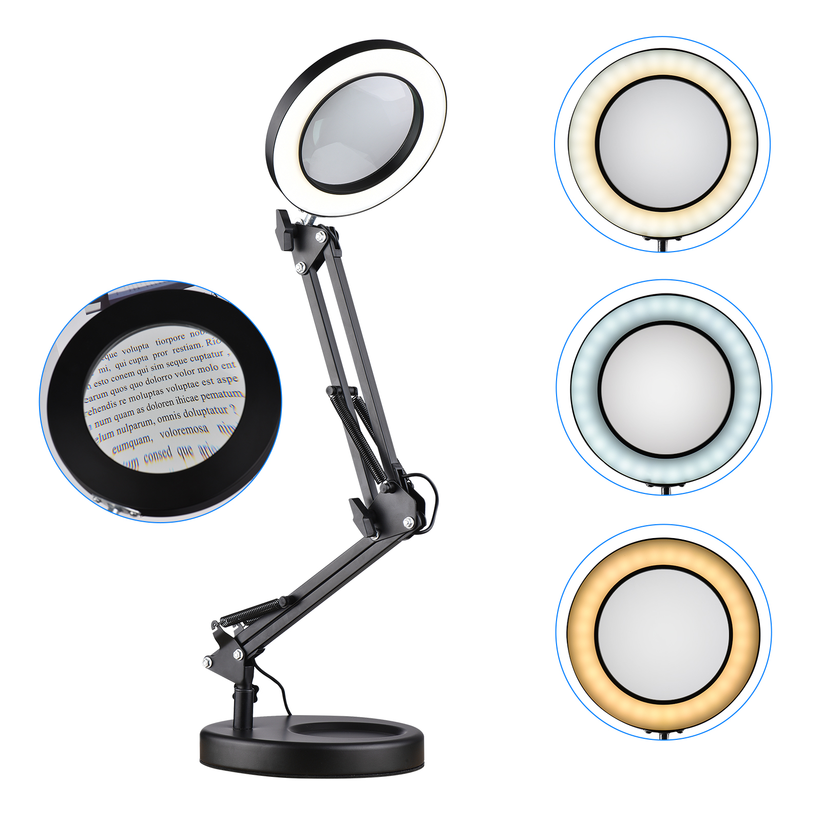5X Magnifying Glass with Light and Base Stand LED Eye-Caring Light Magnifier Magnifying Desk Lamp Adjustable Metal Swivel Arm 3 Color Modes 10 Dimmable Brightness for Repair Reading Craft Workbench Learning. 