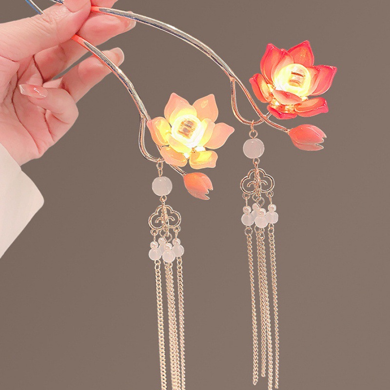 Glowing Lotus GD Hairpin Female Ancient Style Han Chinese Clothing Cheongsam Hairpin Lotus Hair Clasp Super Fairy Updo Pin. 