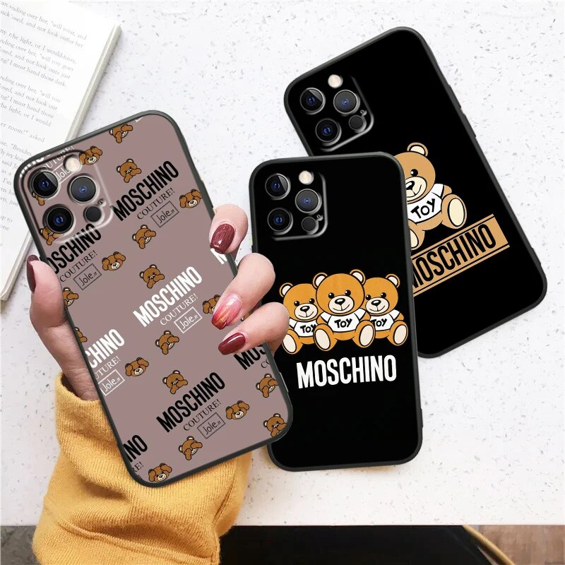 Fashion Teddy Bear Carton Phone Case For Apple iPhone 15 14 13 12 11 Mini XS XR X 8 7 6 6S SE Plus Pro Max Black Soft Cover