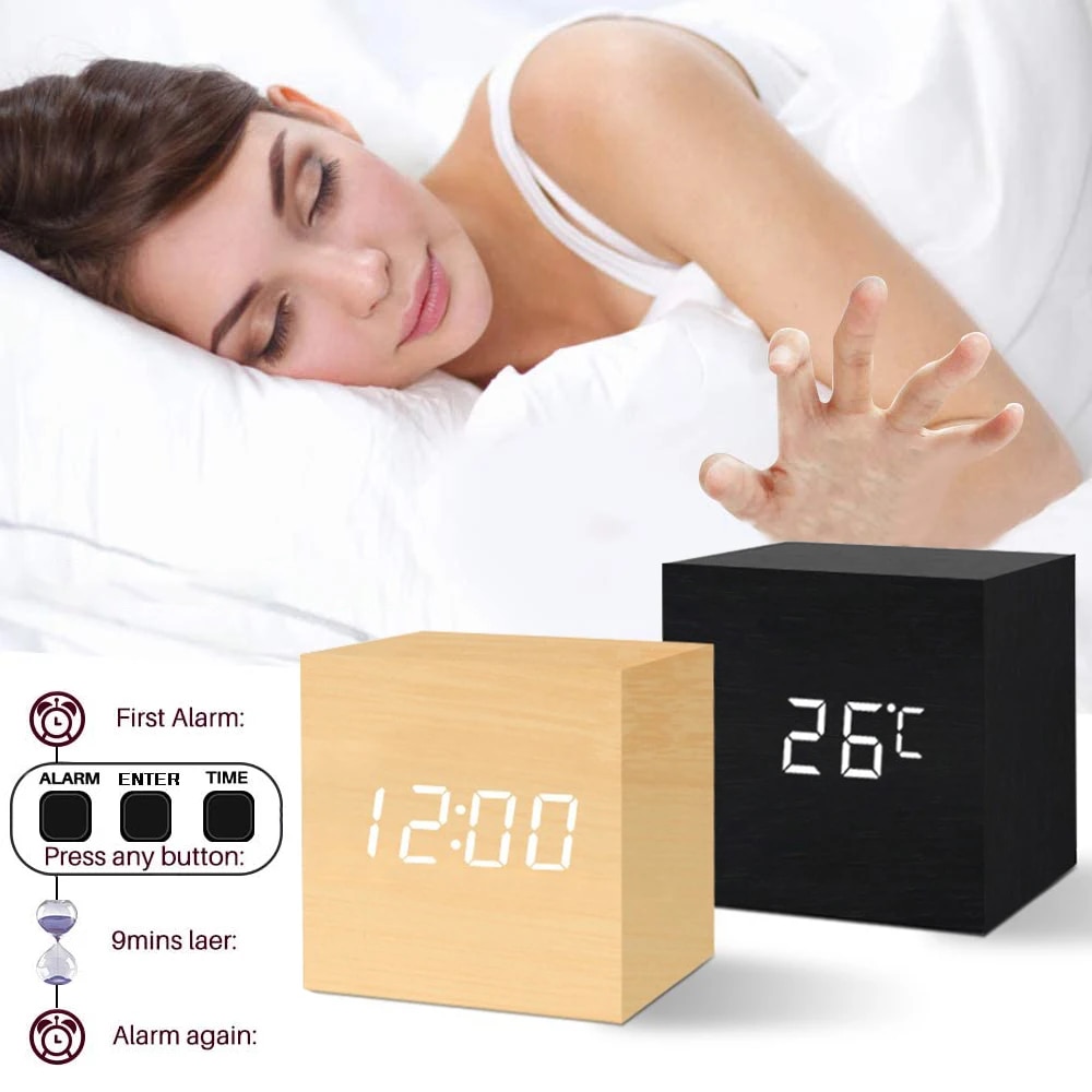 Wooden Digital Clock Multi-function LED Alarm Clock with Time/ Date/ Temperature Display and Voice Control for Home Office Trave. 