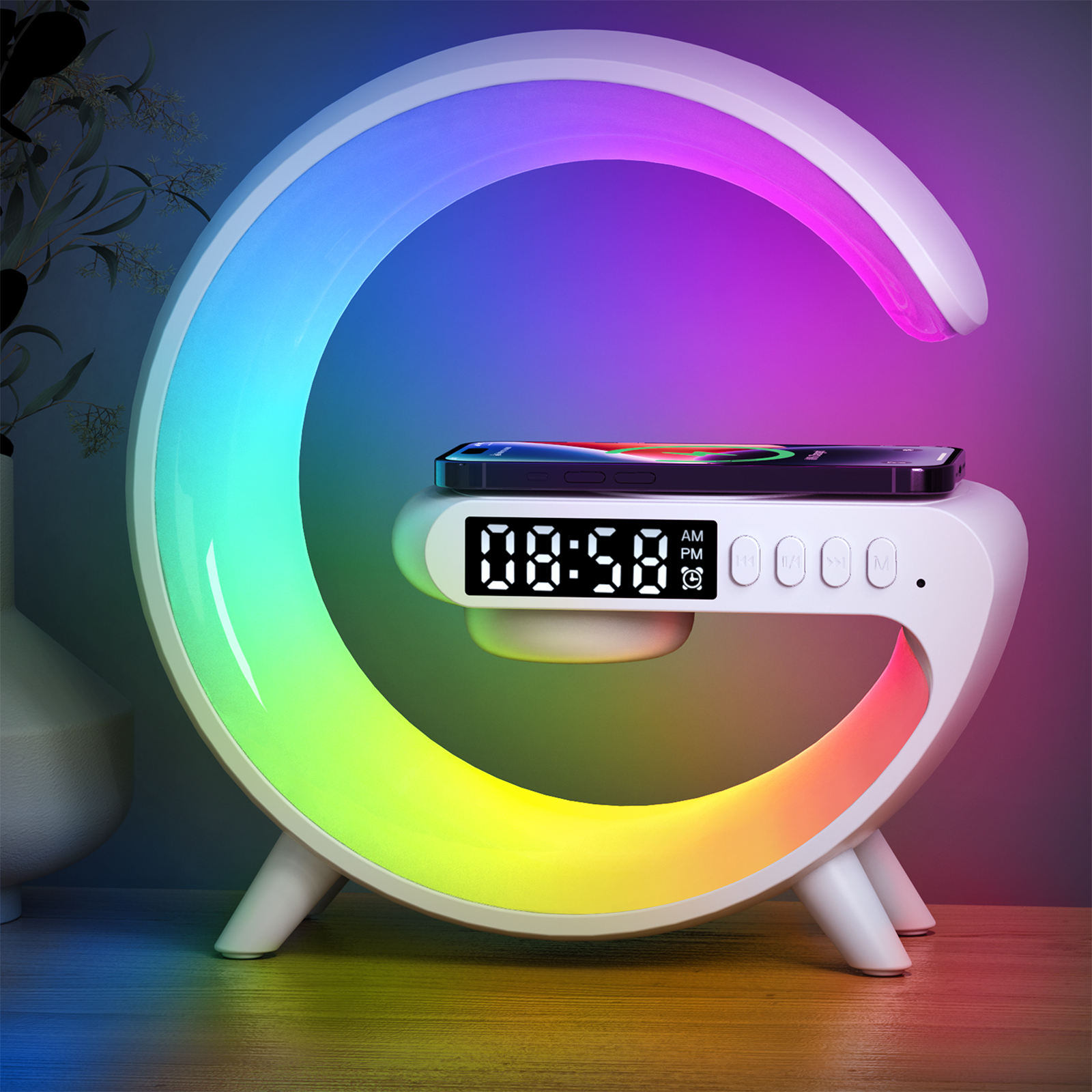G Shape Clock RGB Light Bedside Lamp with Bluetooth Speaker & Wireless Charging – Multi-Function Home Decor. 