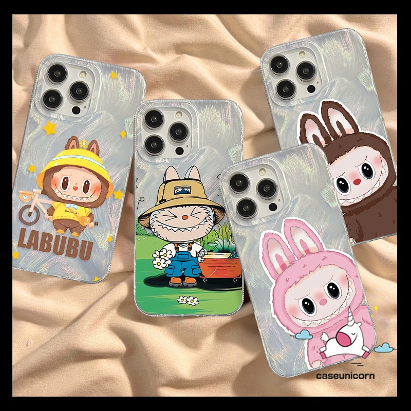 Cartoon Cute Pop Mart Labubu Case For Realme 5i 11 5 7 9i 5s C15 C51 C20 C67 Note 50 C25 C35 C17 C53 C21 C11 C30 C31 C21Y C12 C55 C33 C3 C25Y C25s Luxury Couples Feather Yarn Cover