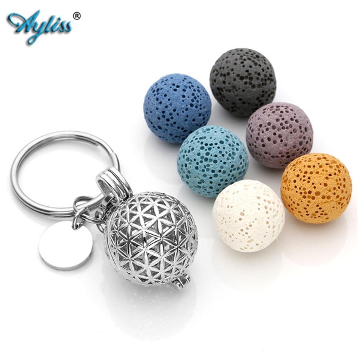 【Alizeker Mall】Ayliss Locket Pendant Essential Oil Diffuser Keychain Lava Stone Beadsof7 Chakra Stainless Steel Key Ring