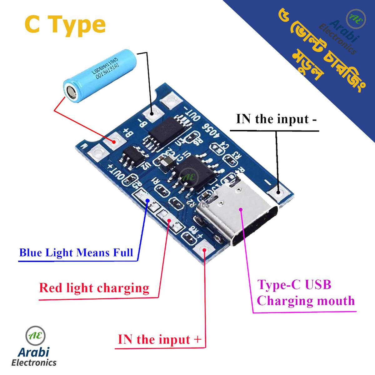 TP4056 Dual Protection Lithium Battery Charging Module (Type C USB Input). 