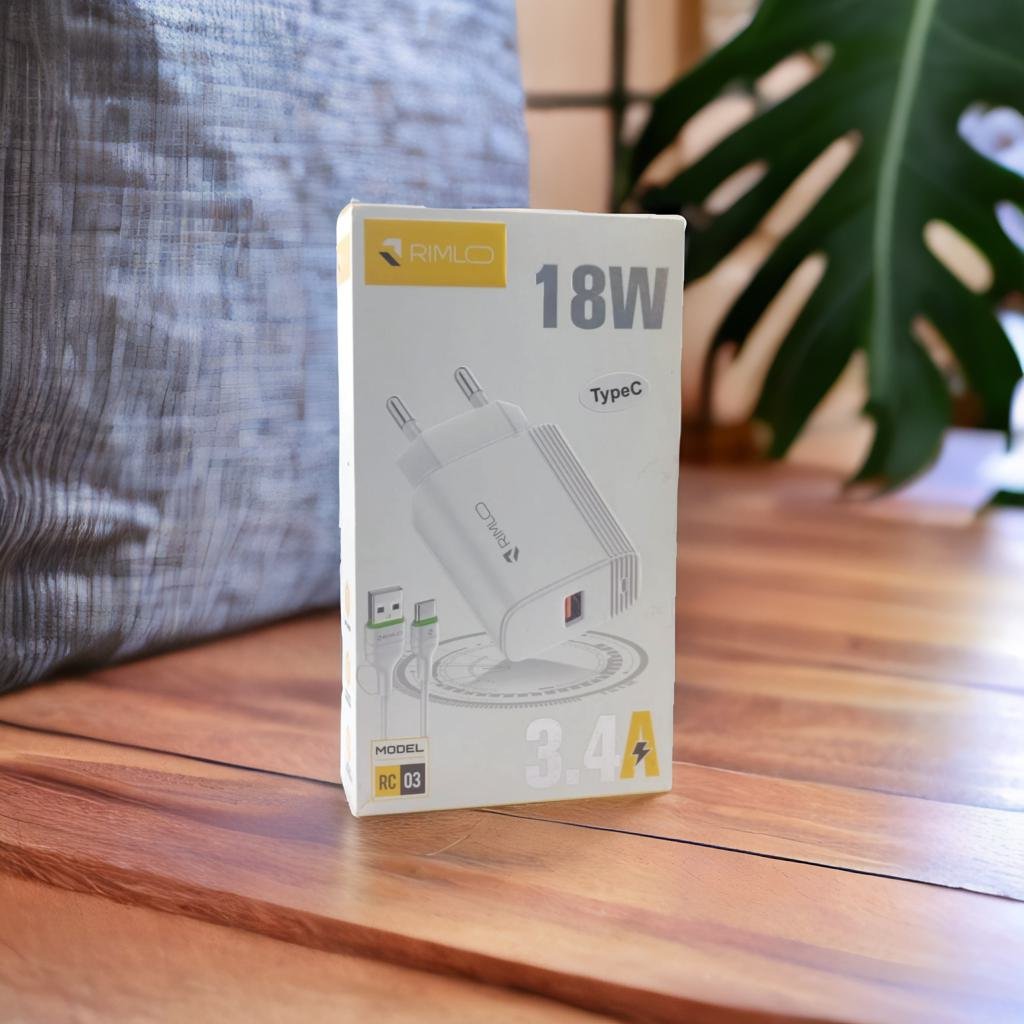 18W Type C Quick Fast Power Adapter With Type-C Cable Or Micro-B Cable Rimlo RC03 For (Note 7 Pro Note 8 Pro,8 lite Charger ETC -White. 