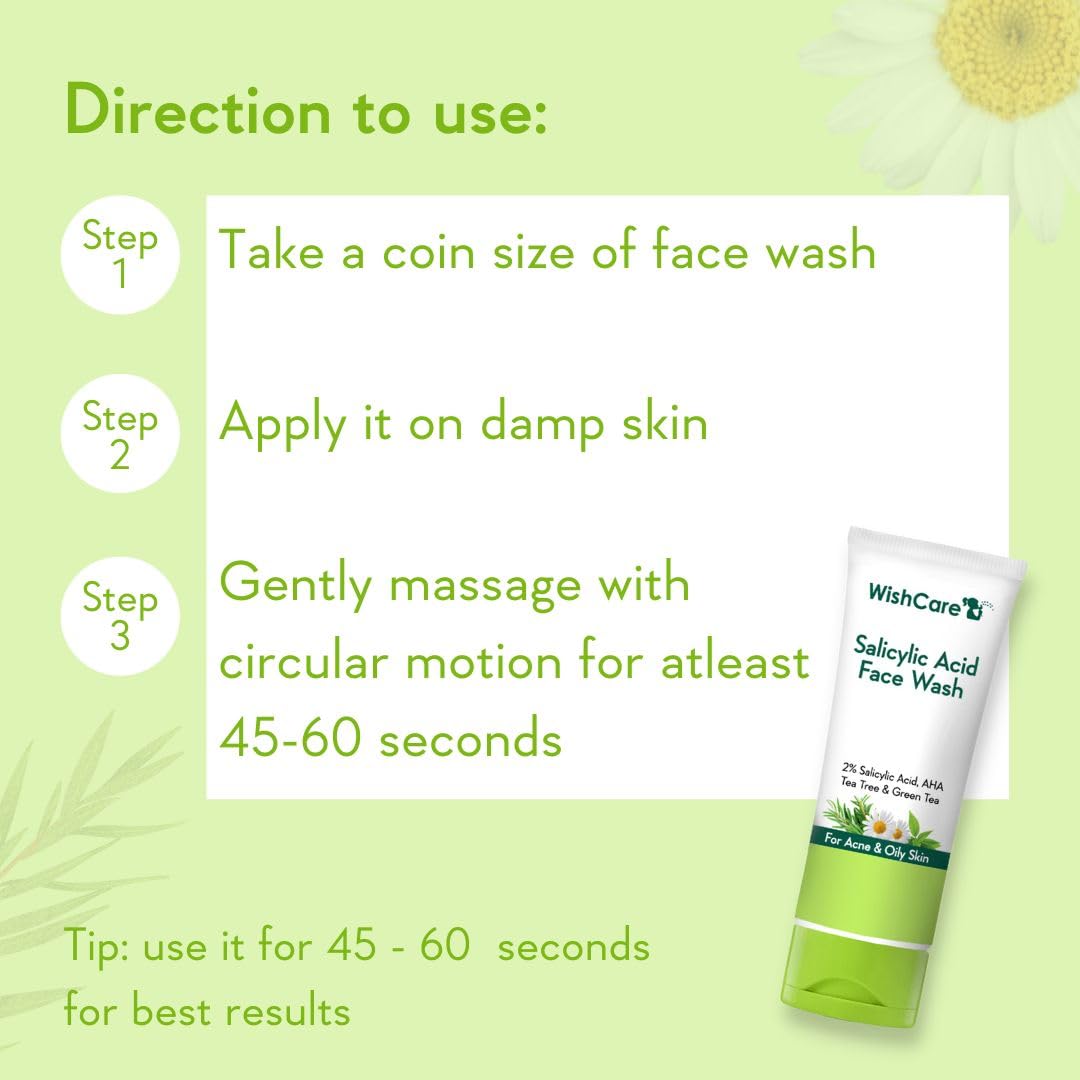 WishCare 2% Salicylic Acid Face Wash with AHA, GreenTea, Chamomile & TeaTree - For Oil & Acne Control -100 ml.