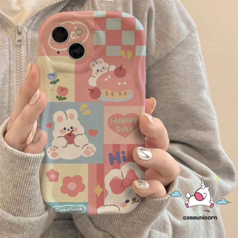 Colored Plaid Bear Rabbit Case For Realme C53 C35 9i 11 5 6i C15 C12 C25 C17 8i 5i 7 5s C11 C17 C55 C51 C30 C25Y C21 C25s C20 C31 C21Y C33 C3 Bunny Doodle 3D Soft Cover. 