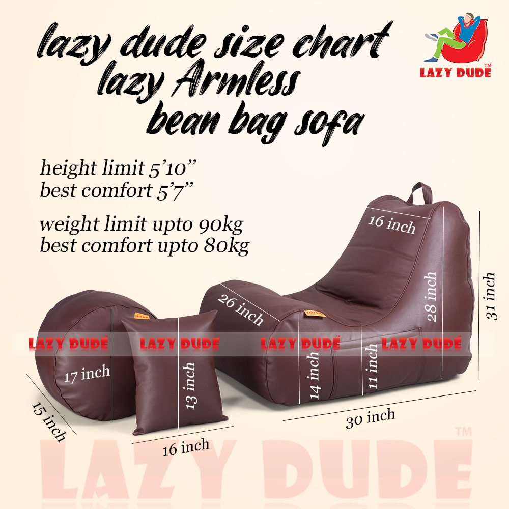 LAZY DUDE PREMIUM QUALITY COMBO Set Armless Lazy Bean Bag Sofa XXL Size Lazy Sofa, Footrest, Cushion - Dark Chocolate. 
