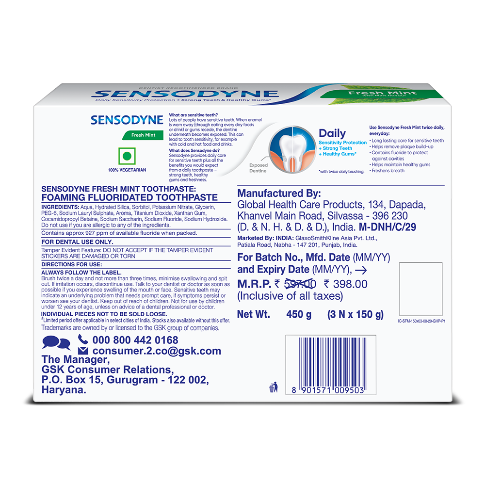 Sensodyne Fresh Mint 150g Buy 2  Get 1 150 gm Tooth paste Free. 