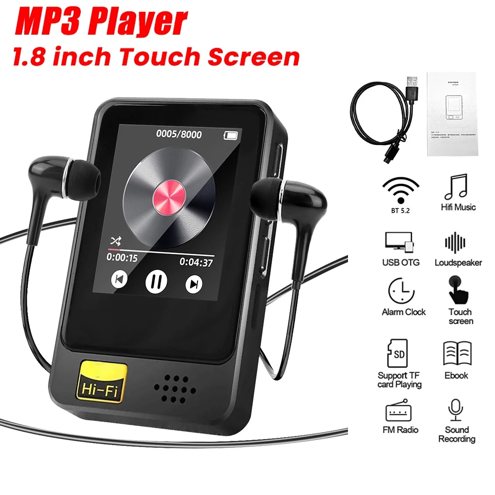 MP3 Player 1.8 inch Touch Screen Walkman Portable MP3 Music Player Speaker MP3 Player Bluetooth with FM Radio/Recording/E-book