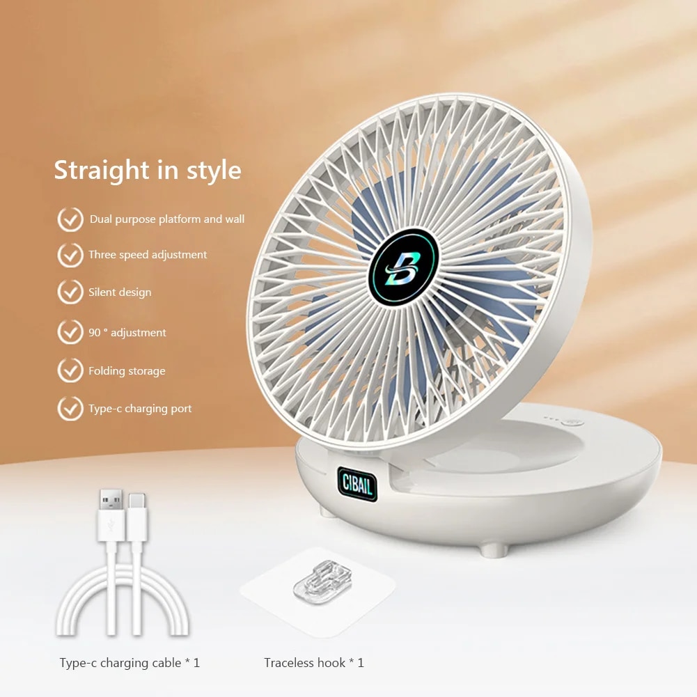 5W 5V 1200mAh Table Wall Mounted Cooling Fan Without Punching Holes USB 3 Gears Adjustable Bionic Seagull Blade Easy to Clean. 