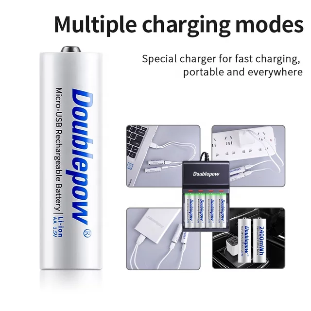 Doublepow Multipurpose Uses AA Size 1.5Volt 2400mWh Rechargeable Li-ion Battery with Built-in USB Type-C Fast Charging Port & LED Indicator (Point Top) - 1 Piece. 