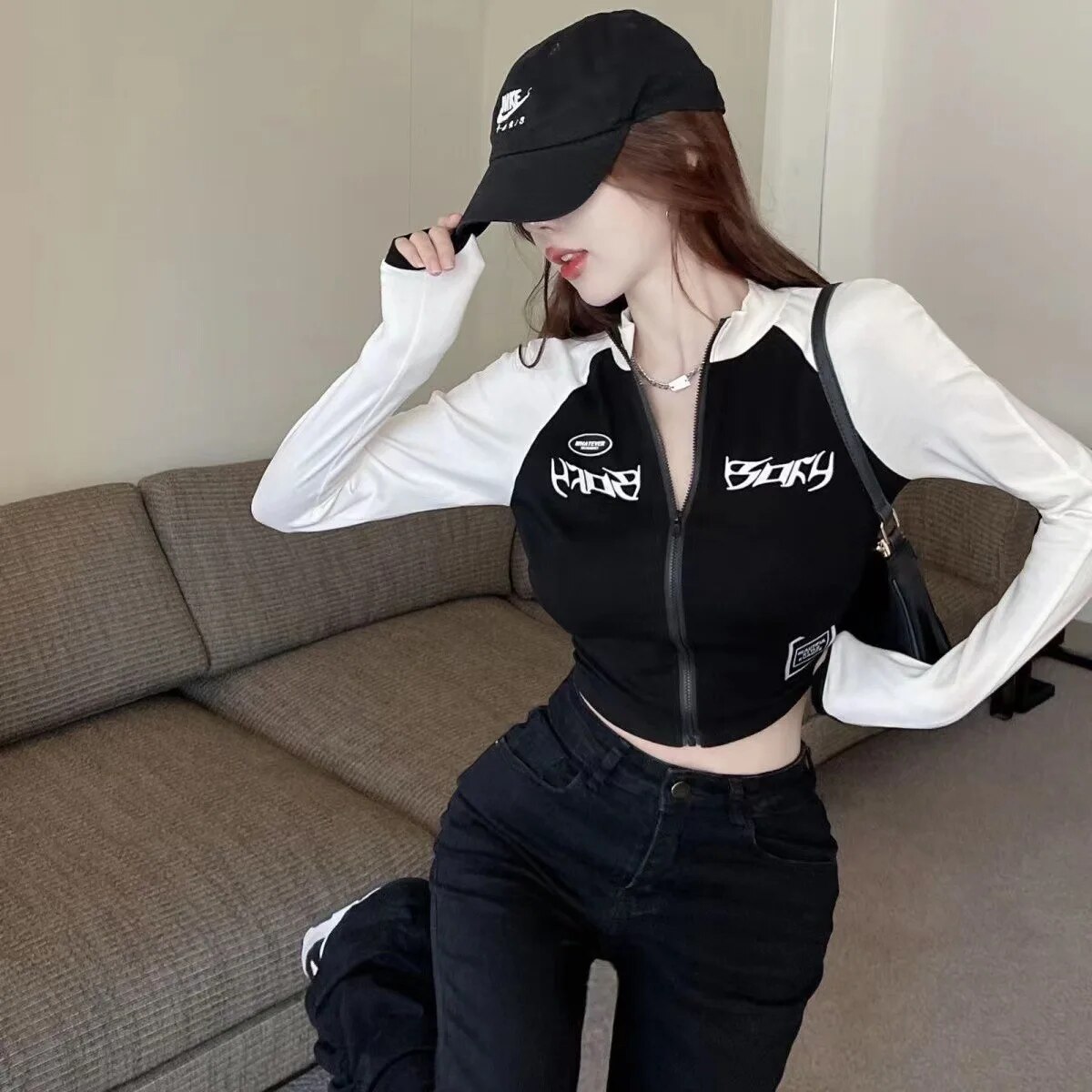 Y2K Vintage T-shirt Women Spring O Neck Long Sleeve Crop Top