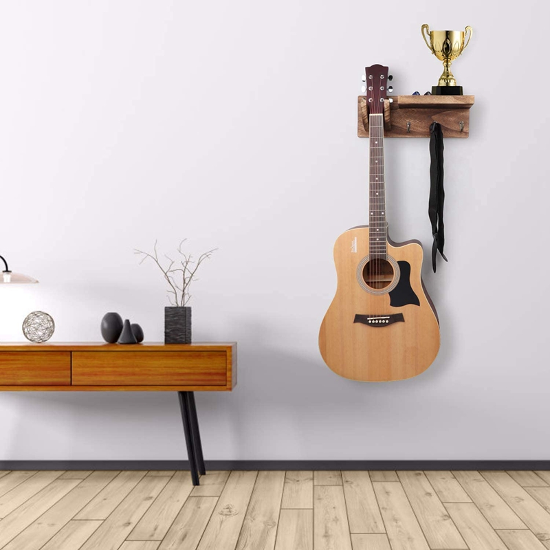 Guitar Wall Hanger Guitar Holder Wall Mount Bracket Hanger Guitar Wood Hanging with Pick Holder and 3 Hooks Carbonized. 