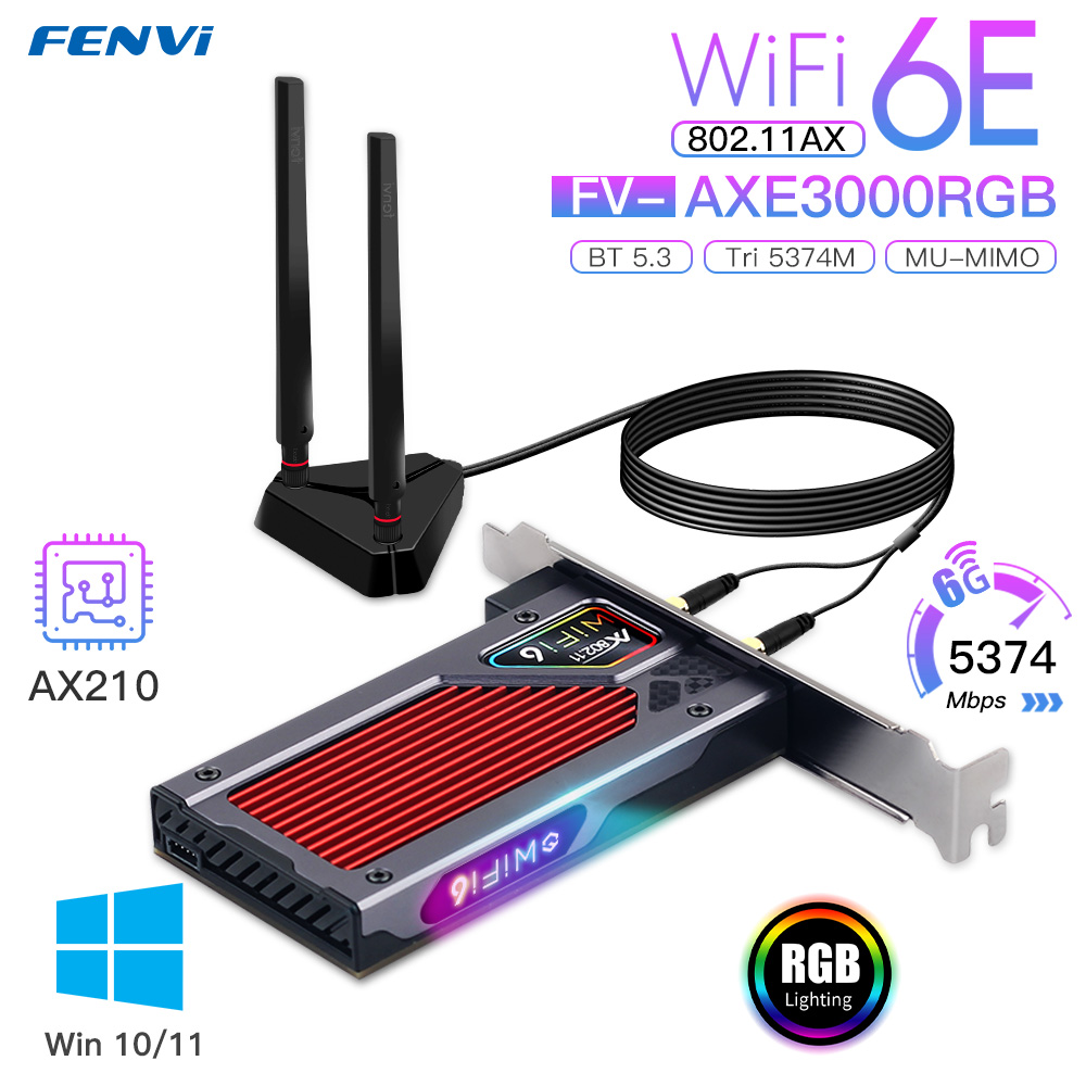 FENVI FV-AXE3000 Wi-Fi 6E AX210 Bluetooth 5.3 Wireless 5374Mbps 2.4G/5GHz/6G WiFi 802.11AX/AC PCIExpress Network Card Adapter PC. 