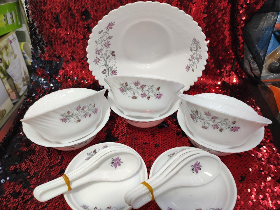 15 Pcs Pyrex Opal Glassware White Oven Save Dinner Soup Set.White Art Printed,Firni Set. 