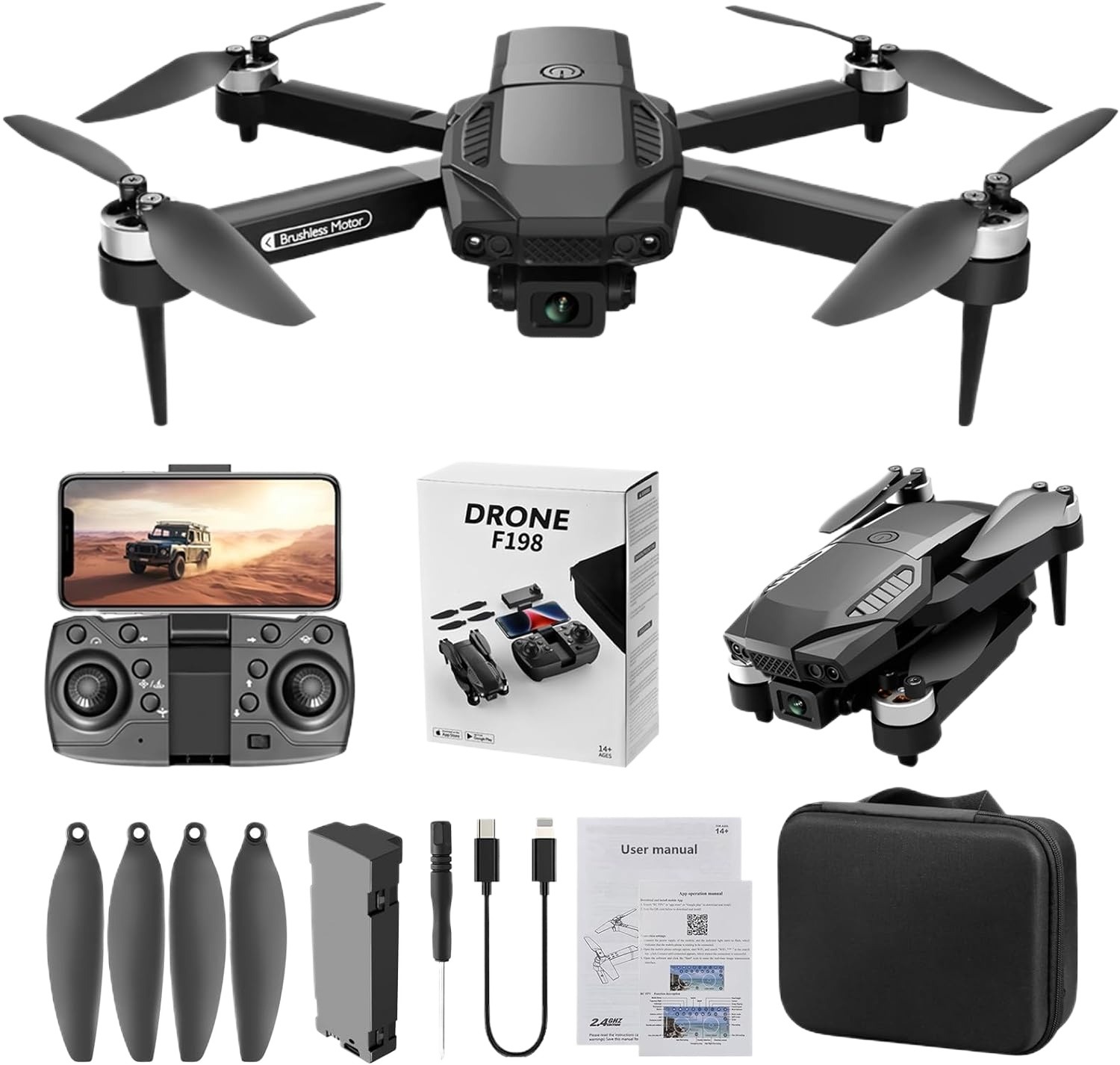 F198 Drones with Camera for Adults 4K, Remote Control Quadcopters, 120°FOV, Brushless Motor, 2.4G WiFi Transmission, Smart Return Home, Pr𝐨fessional FPV Drone for Beginner