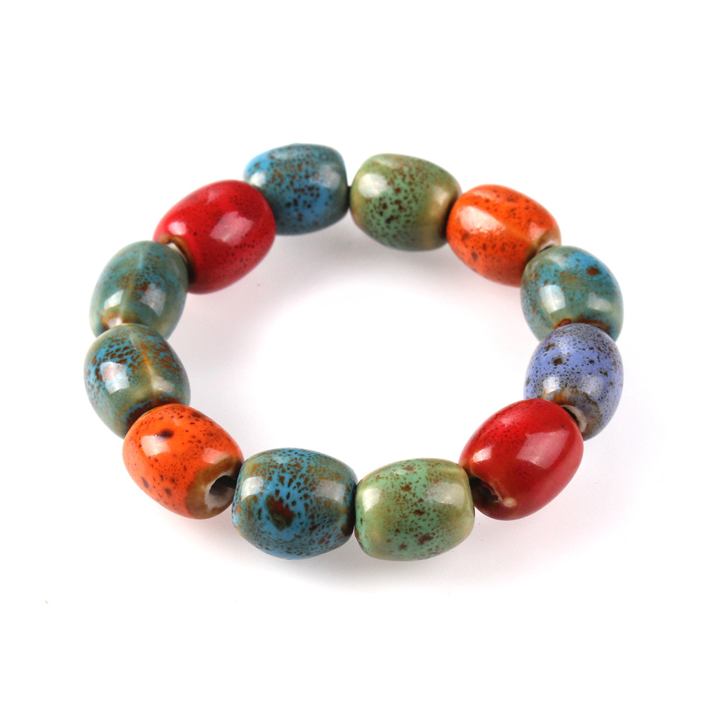 Ethnic style porcelain jewelry colorful handmade porcelain beads elastic bracelet retro fashion simple bracelet factory direct sales. 