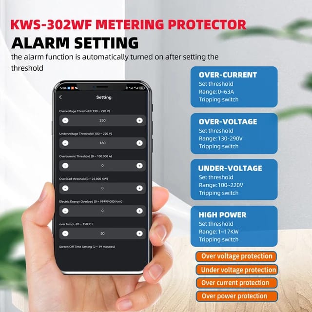 TAXNELE TUYA WiFi 2P 63A Smart Power Meter Over Under Voltage Protection Relay Switch Circuit Breaker Energy kWh Temperature Meter Smart Life. 